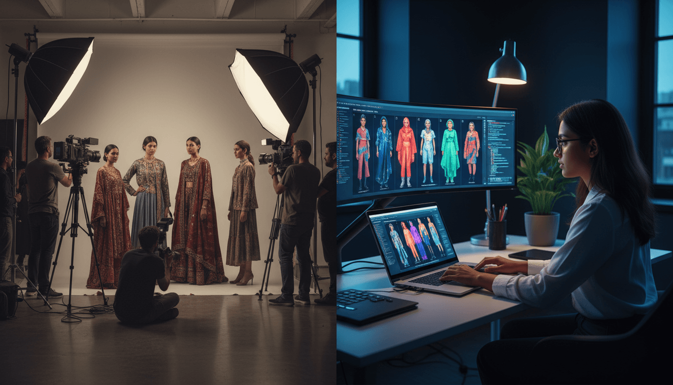 Split screen comparison of traditional fashion photoshoot with photographers and crew versus modern AI fashion design workflow with    designer using laptop to generate AI models