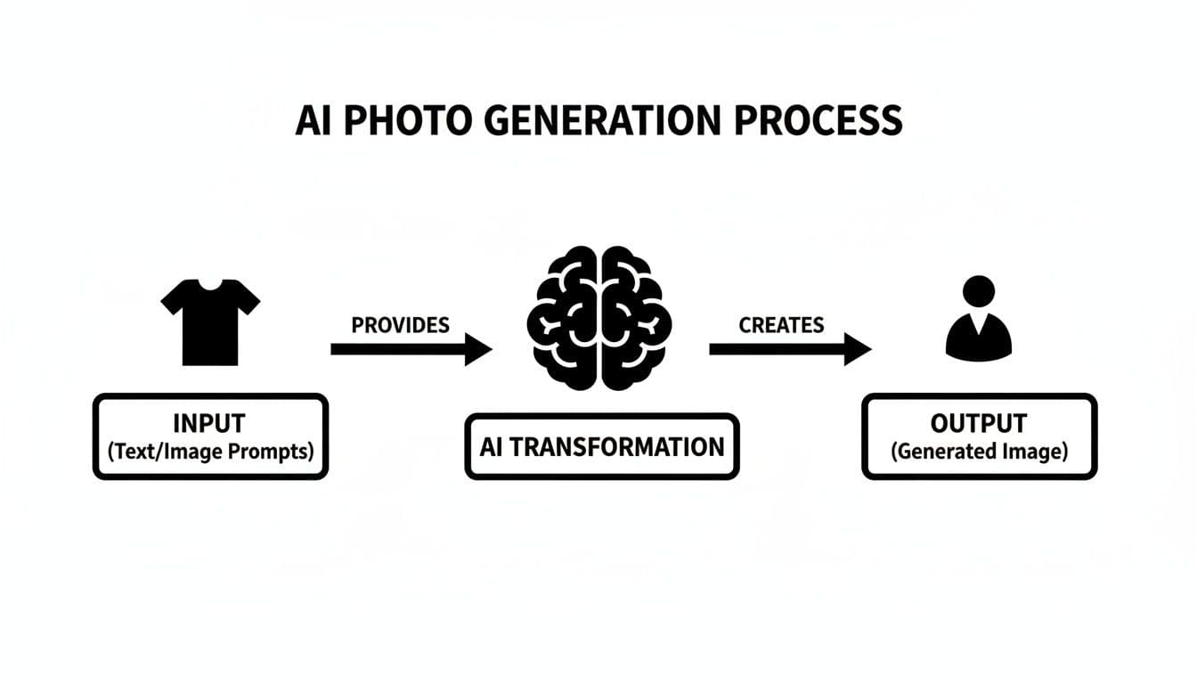 Diagram illustrating the AI photo generation process, from input prompts to AI transformation and generated image output.