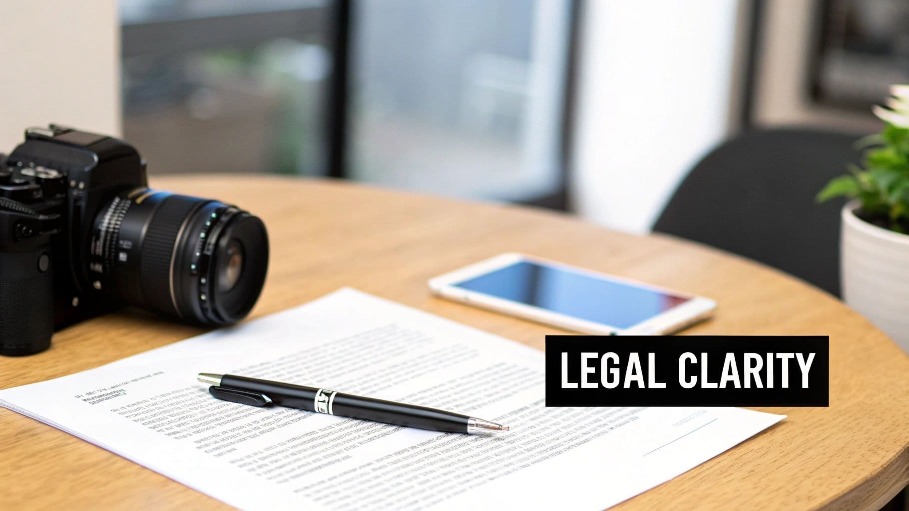 Close-up of a camera, legal document, pen, smartphone, and plant on a wooden desk.