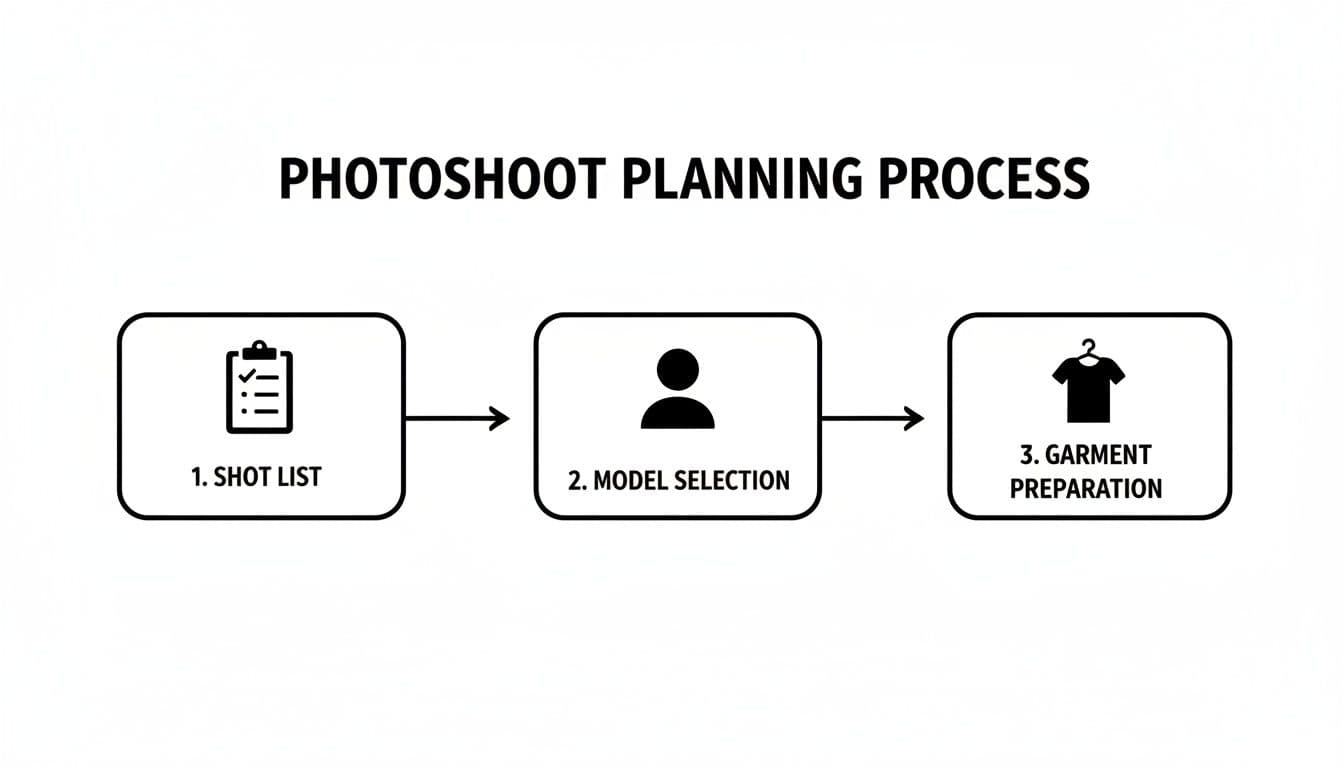 A flowchart outlining the photoshoot planning process, including shot list, model selection, and garment preparation.