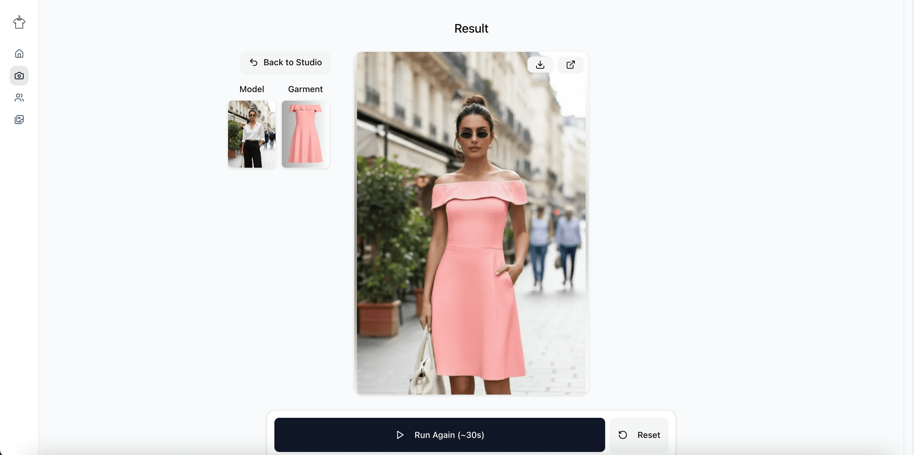 Result: AI model wearing pink dress in virtual try-on