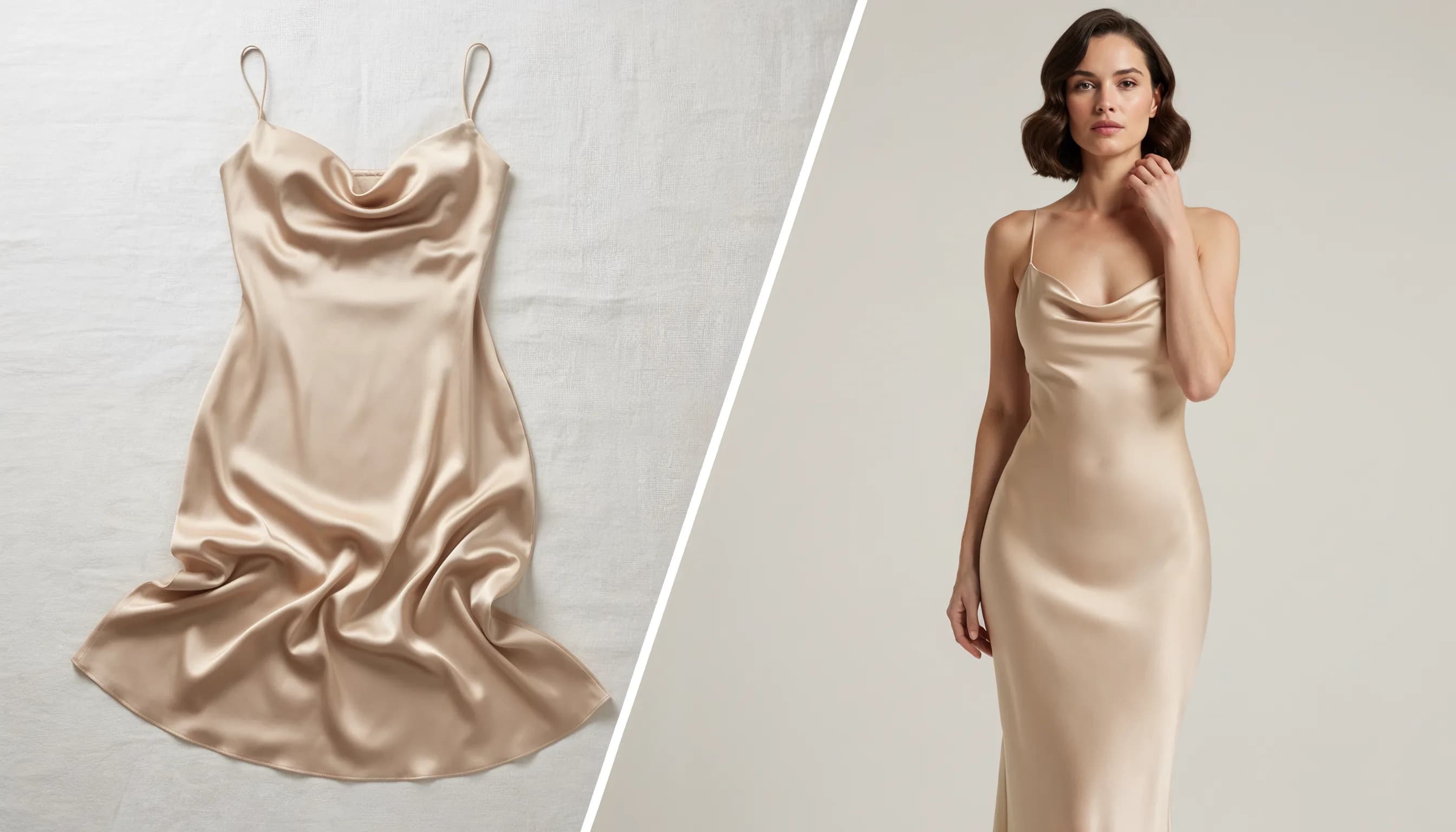 WearView virtual try-on transformation: champagne satin slip dress from flat-lay product photo to AI model wearing the garment